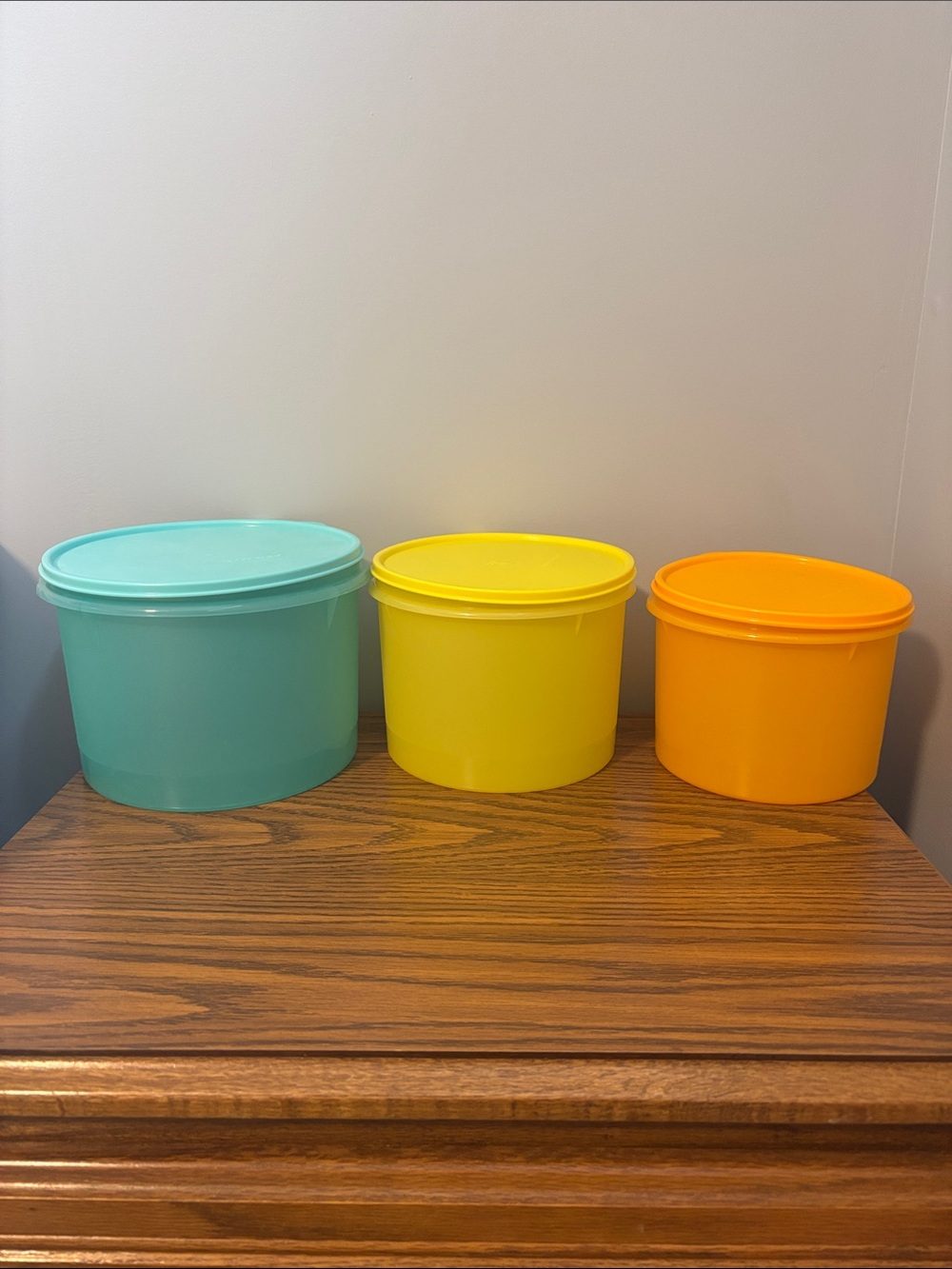 Tupperware Set of 3 Bright Plastic Canisters- Teal, Yellow, Orange